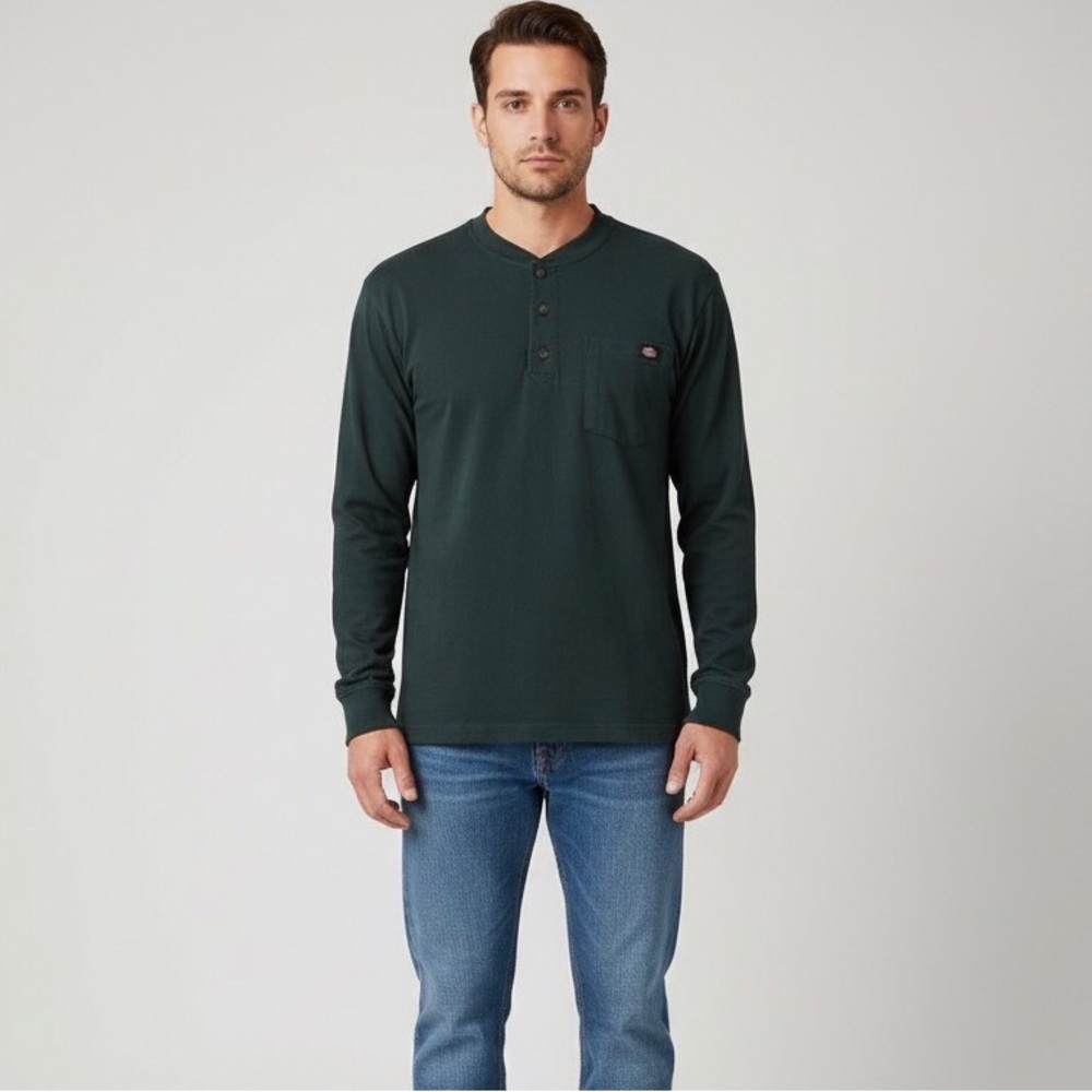 Dickies Henley Shirt Mens Medium Hunter Green Long Sleeve Pocket Tee Workwear